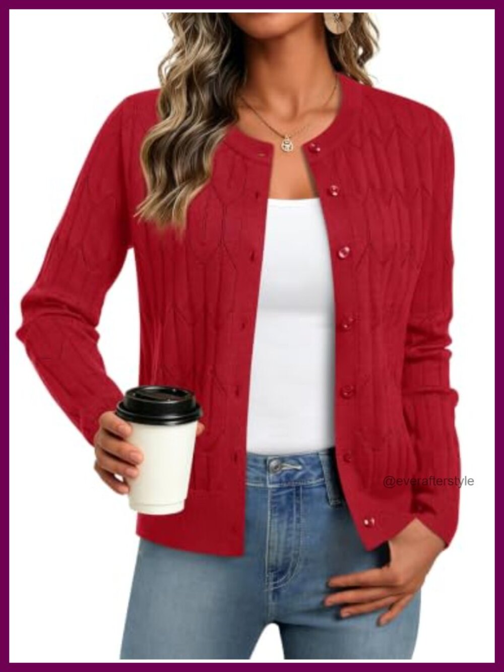 Cable Knit Cardigan Sweater Crewneck Button Up Fall Winter Womens